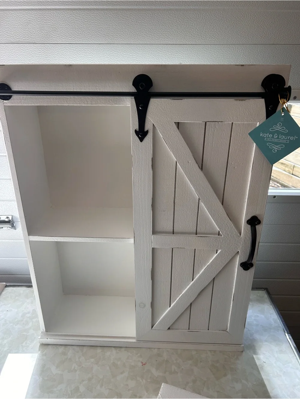 Kate and Laurel White Barn Door Bathroom Shelf with Black Hardware